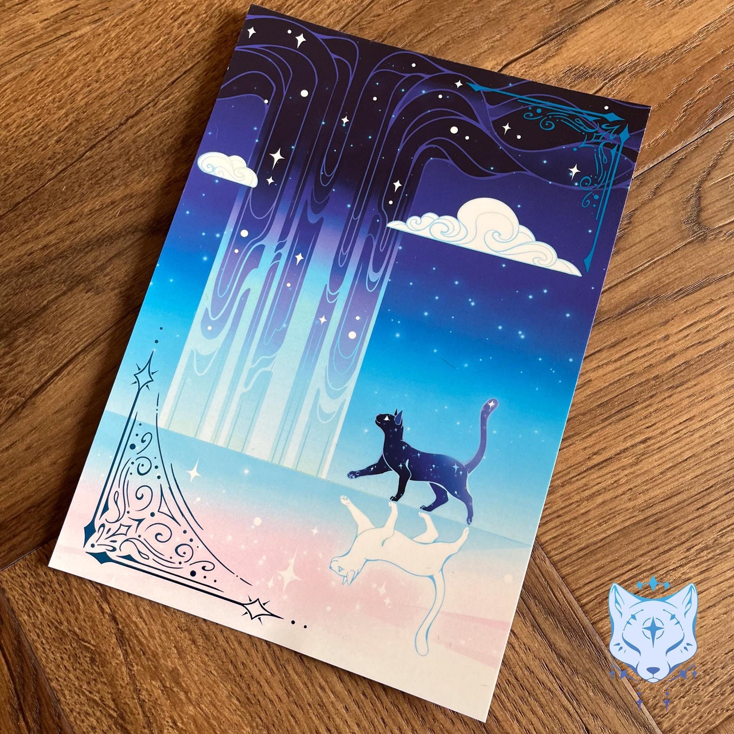 Reflection Waterfall - A5 Blue Foil Celestial Cat Print