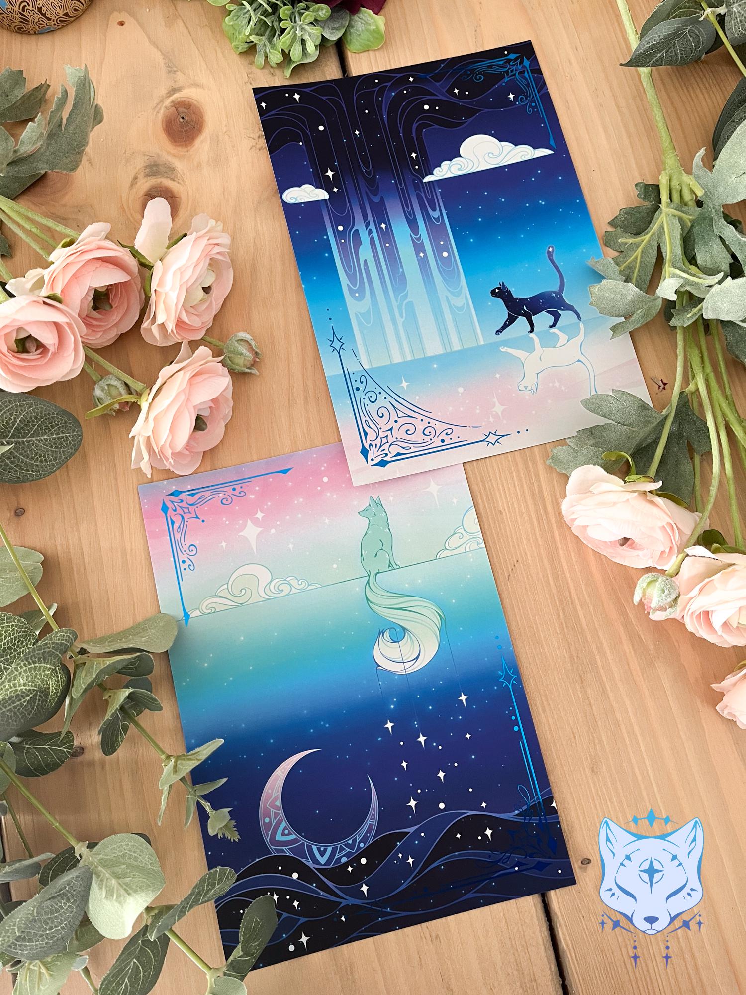 Lunar Fox Waterfall - A5 Blue Foil Celestial Fox Print