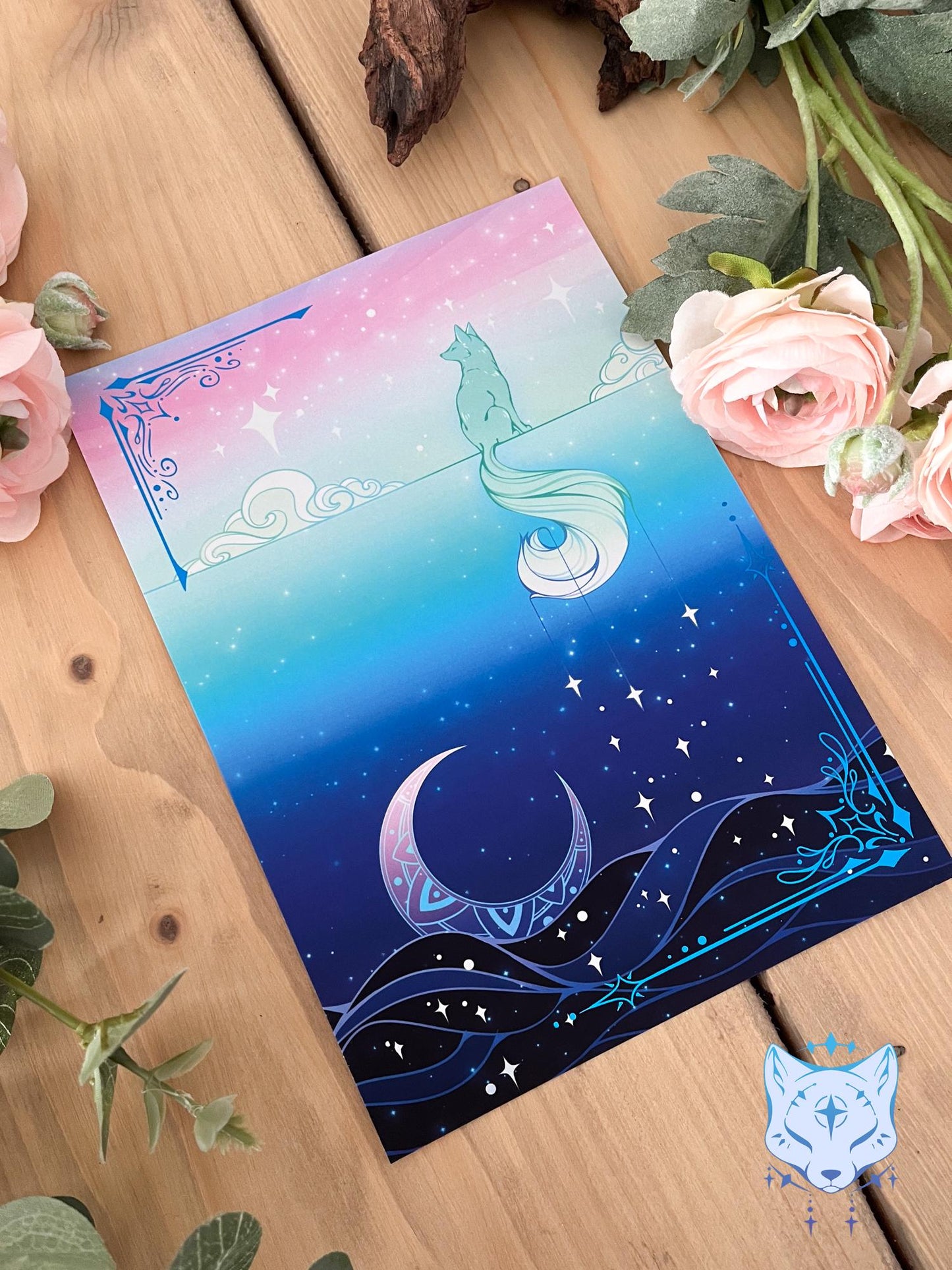 Lunar Fox Waterfall - A5 Blue Foil Celestial Fox Print