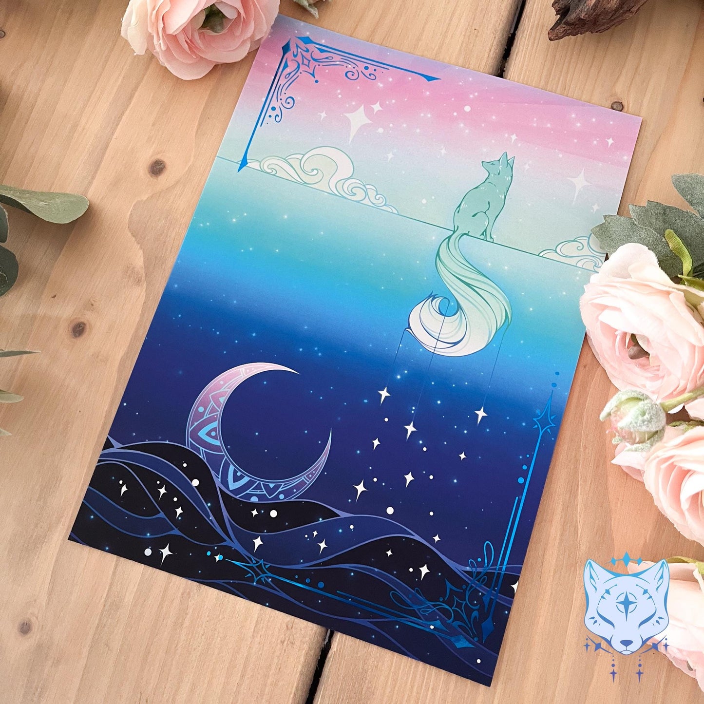 Lunar Fox Waterfall - A5 Blue Foil Celestial Fox Print