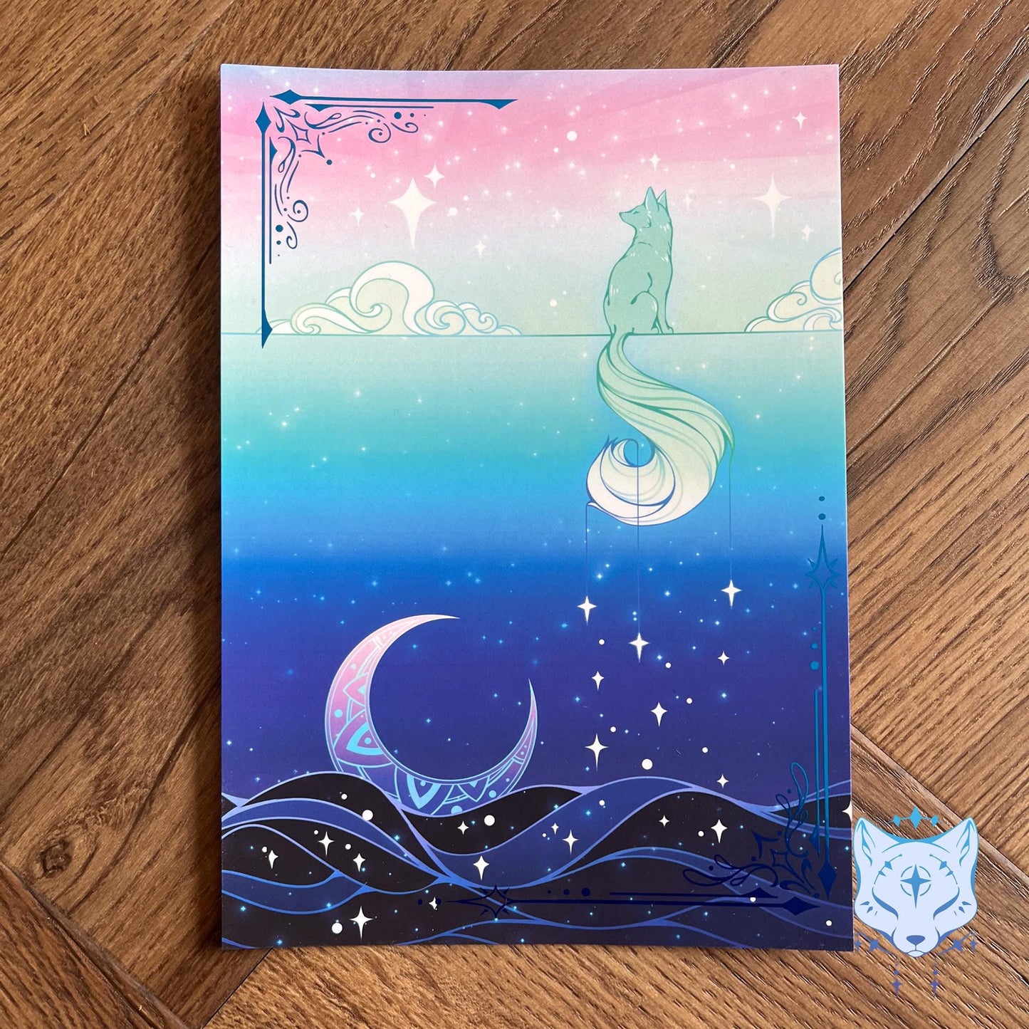 Lunar Fox Waterfall - A5 Blue Foil Celestial Fox Print