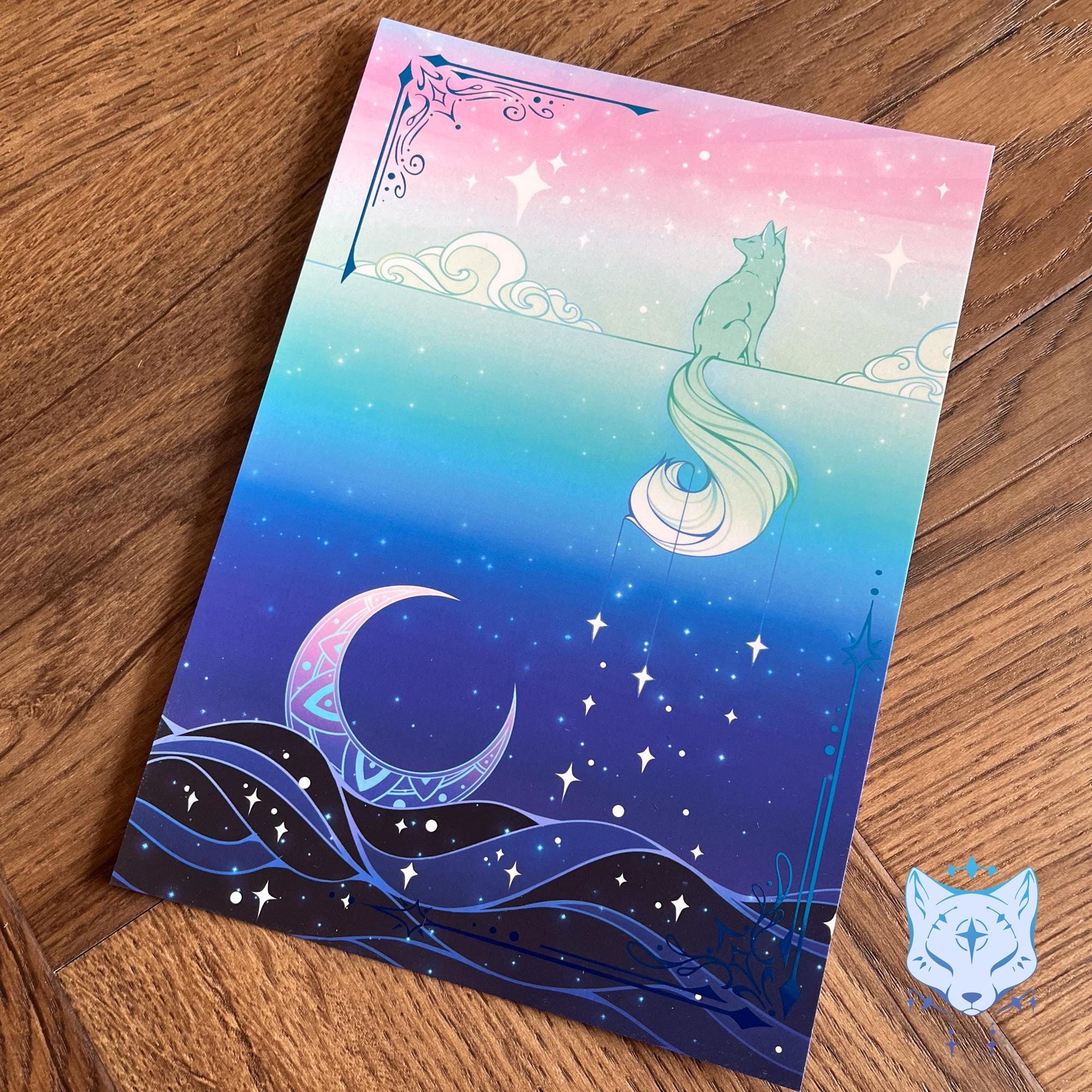Lunar Fox Waterfall - A5 Blue Foil Celestial Fox Print