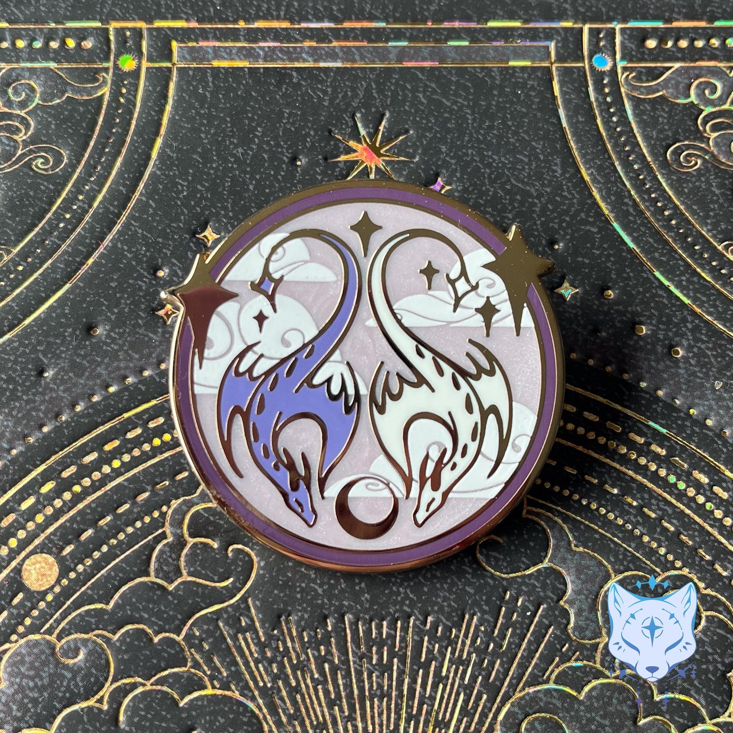 Purple & White Dragon Medallion Enamel Pin - 45mm Gold Finish