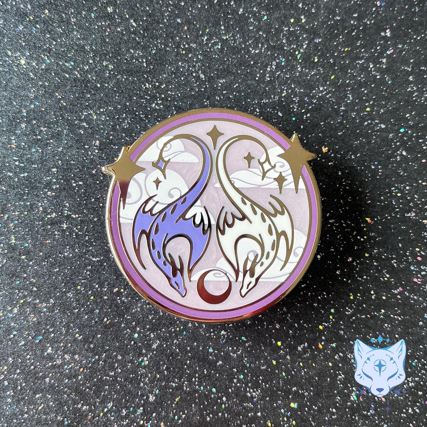 Purple & White Dragon Medallion Enamel Pin - 45mm Gold Finish