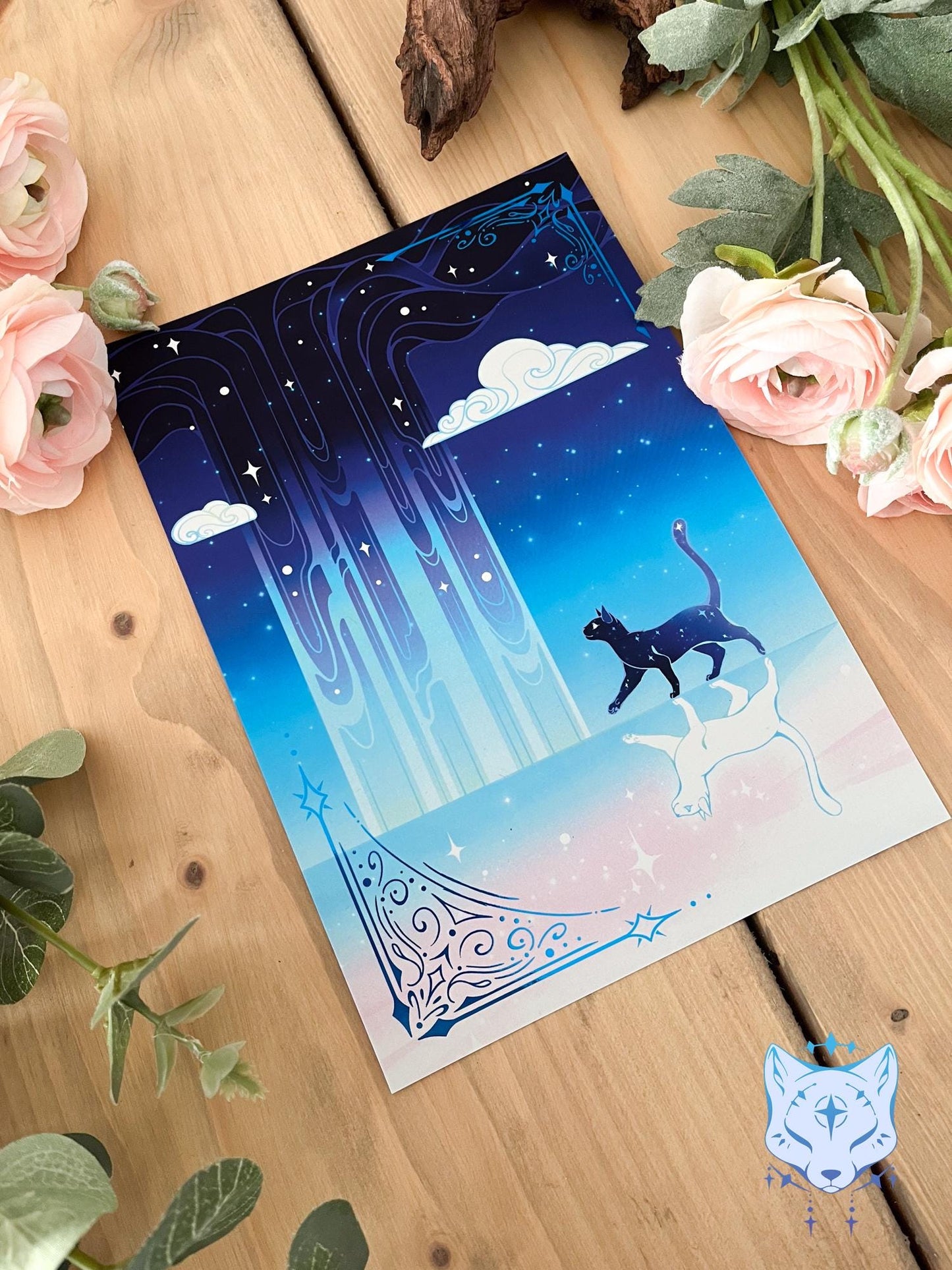 Reflection Waterfall - A5 Blue Foil Celestial Cat Print