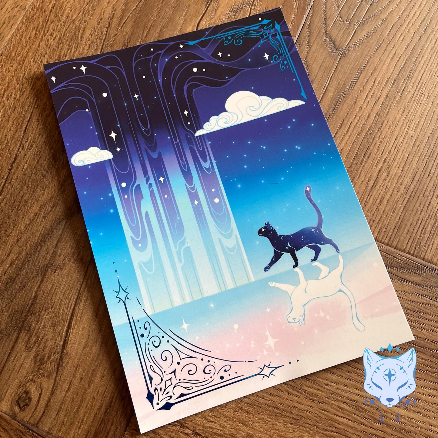 Reflection Waterfall - A5 Blue Foil Celestial Cat Print