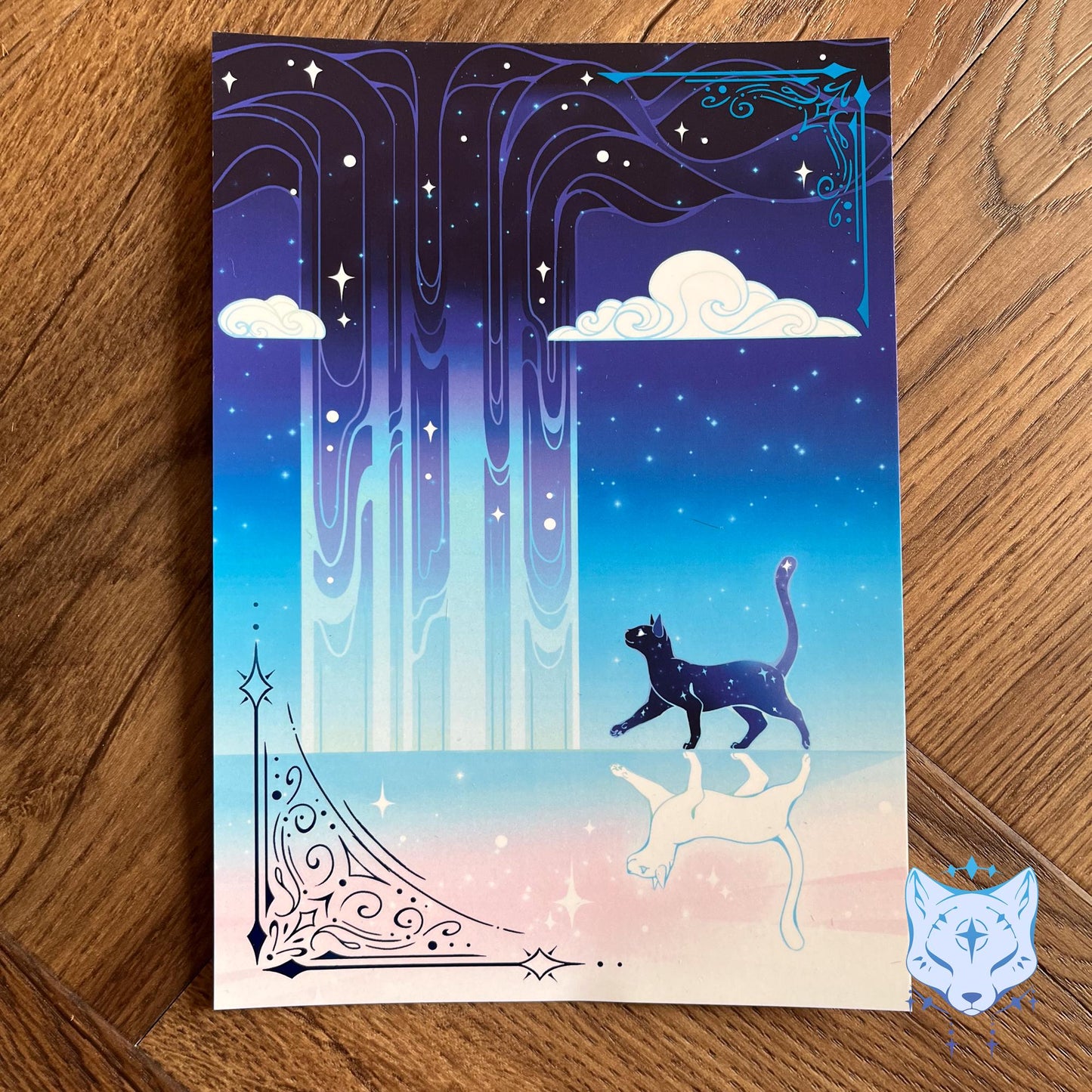Reflection Waterfall - A5 Blue Foil Celestial Cat Print
