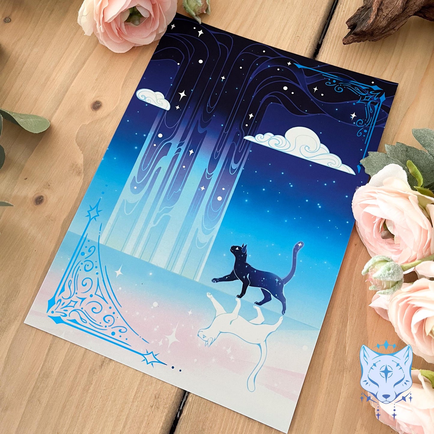 Reflection Waterfall - A5 Blue Foil Celestial Cat Print