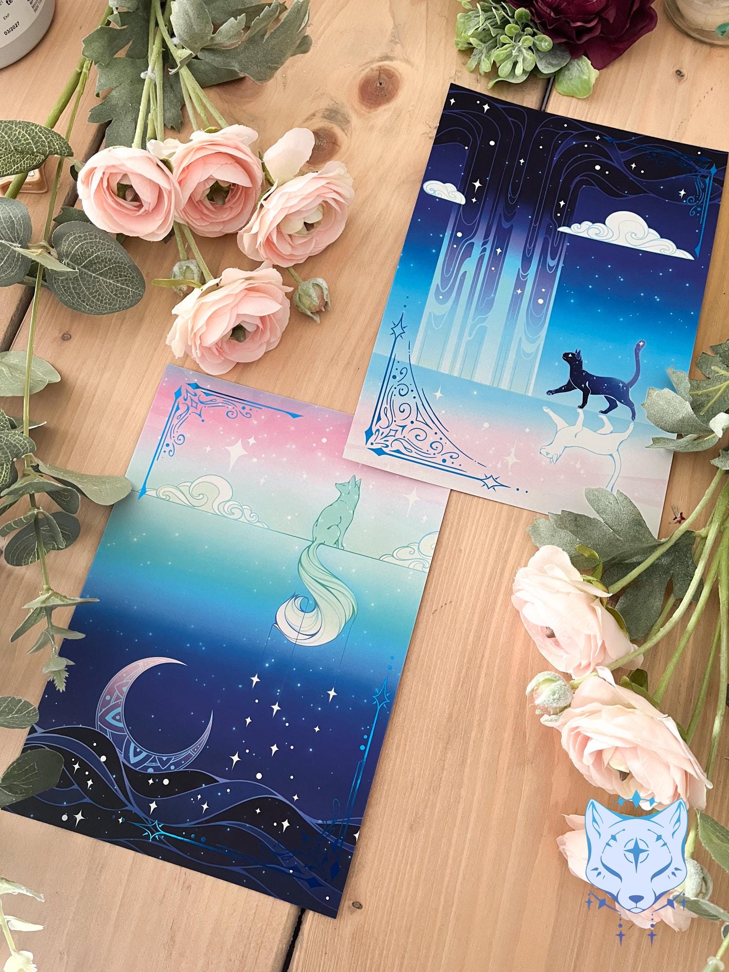 Lunar Fox Waterfall - A5 Blue Foil Celestial Fox Print