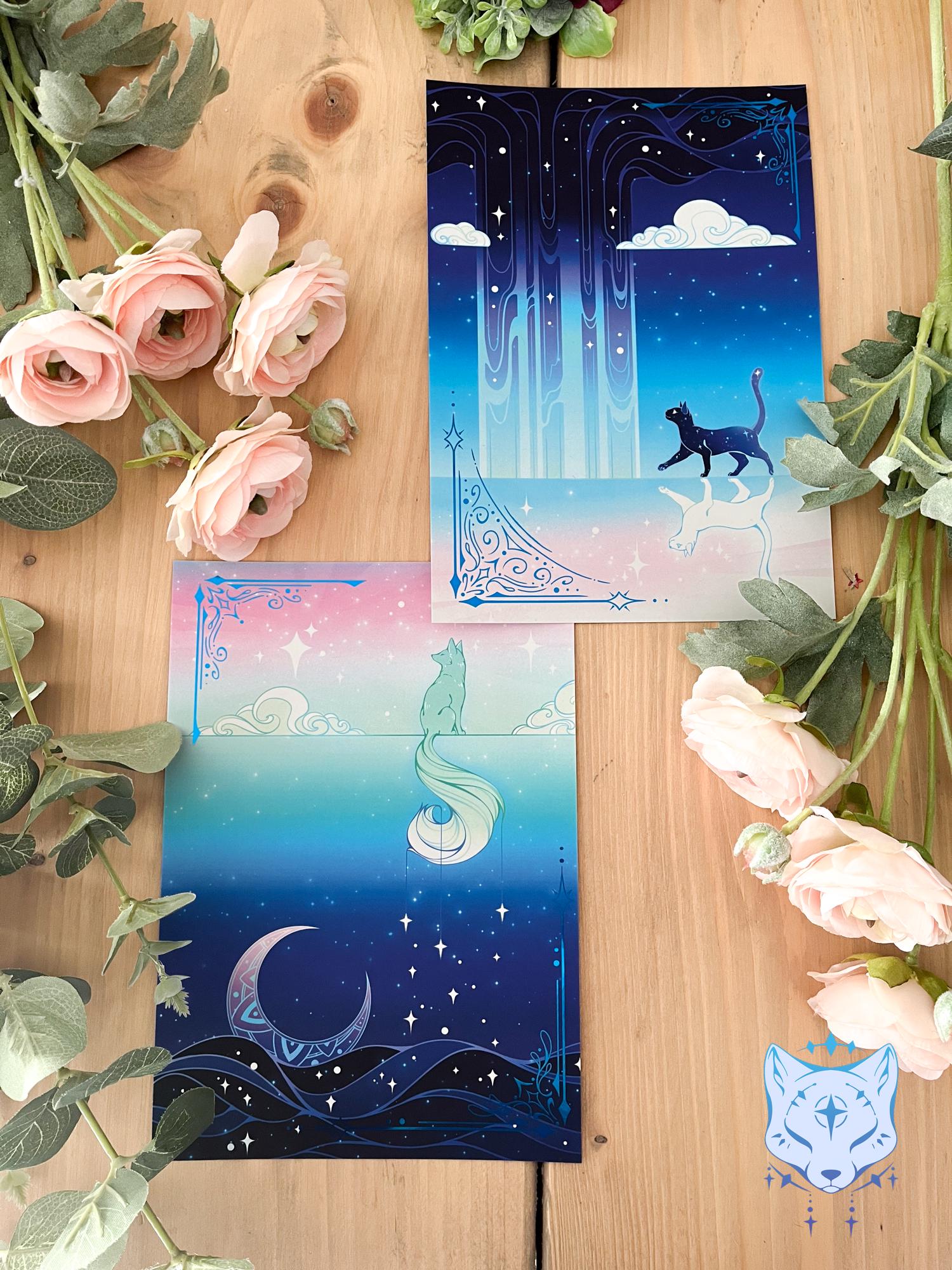 Reflection Waterfall - A5 Blue Foil Celestial Cat Print