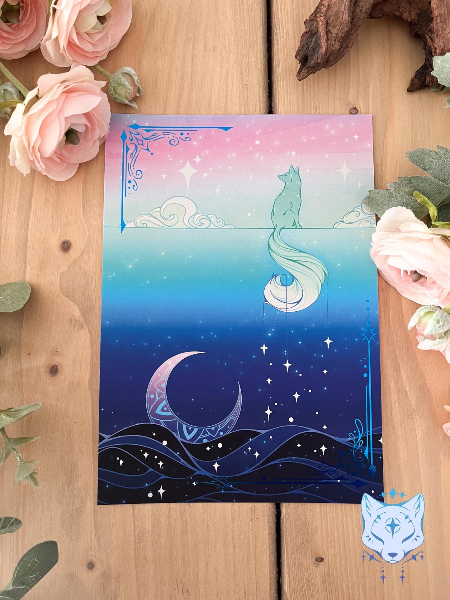 Lunar Fox Waterfall - A5 Blue Foil Celestial Fox Print