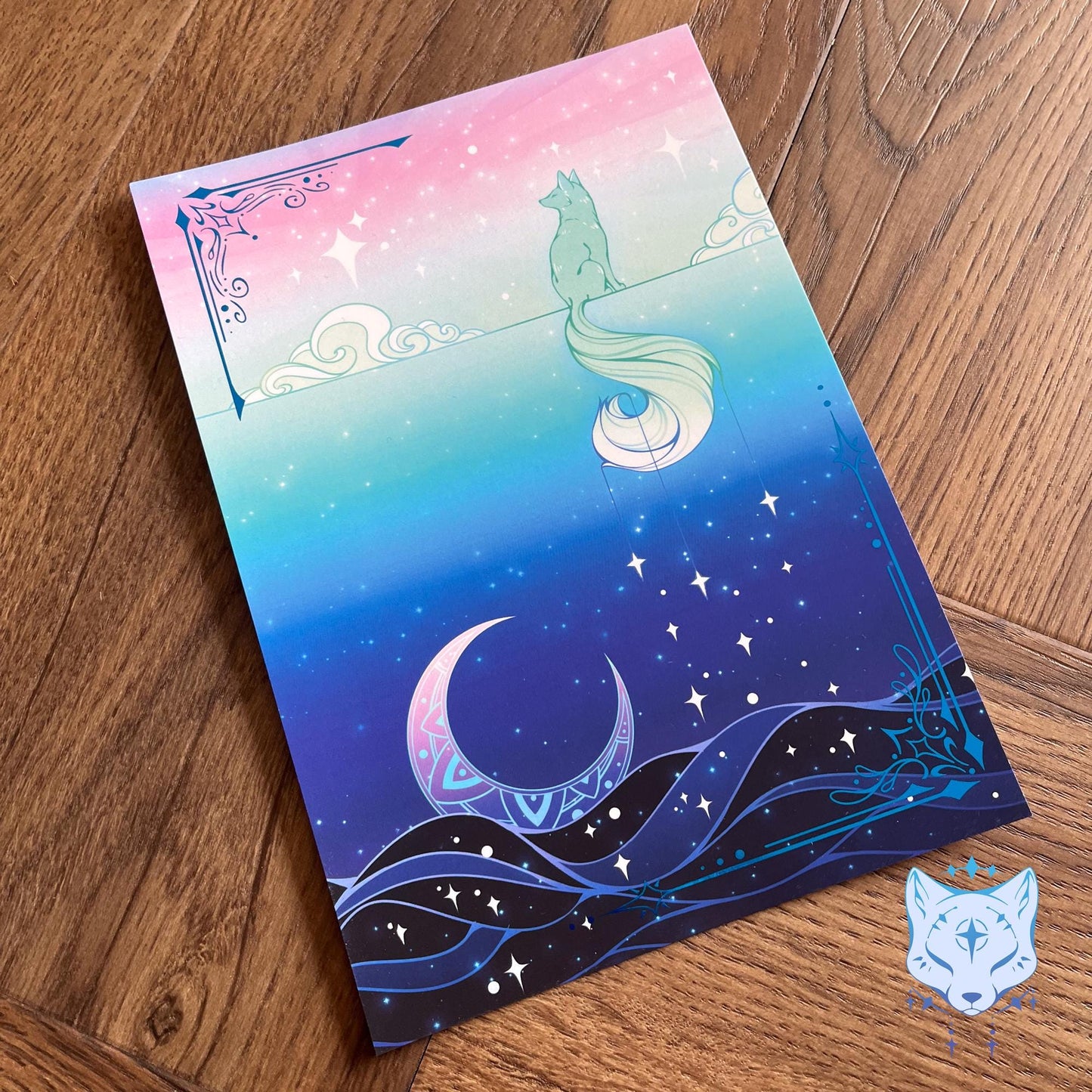 Lunar Fox Waterfall - A5 Blue Foil Celestial Fox Print
