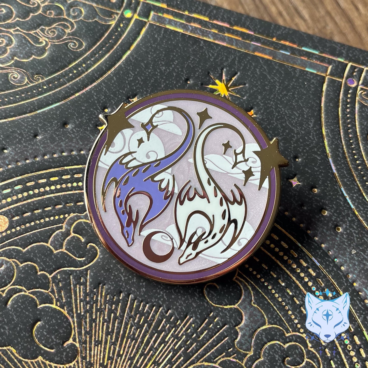 Purple & White Dragon Medallion Enamel Pin - 45mm Gold Finish
