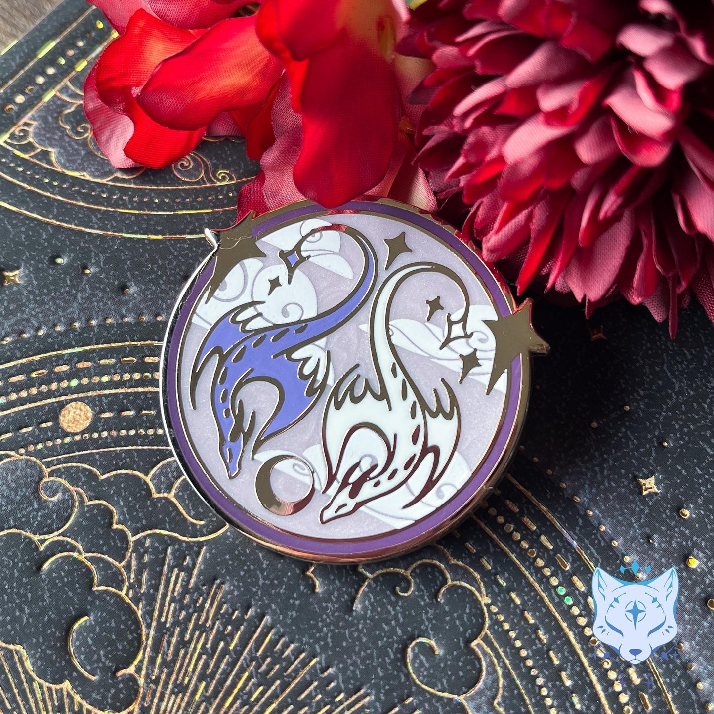 Purple & White Dragon Medallion Enamel Pin - 45mm Gold Finish