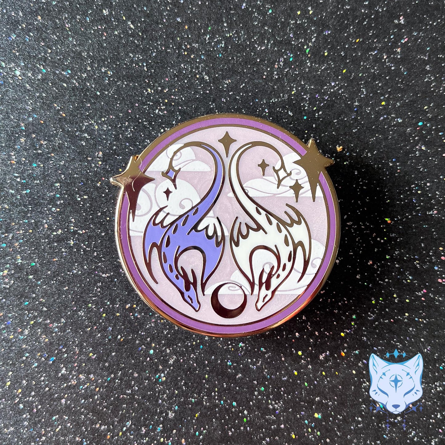 Purple & White Dragon Medallion Enamel Pin - 45mm Gold Finish