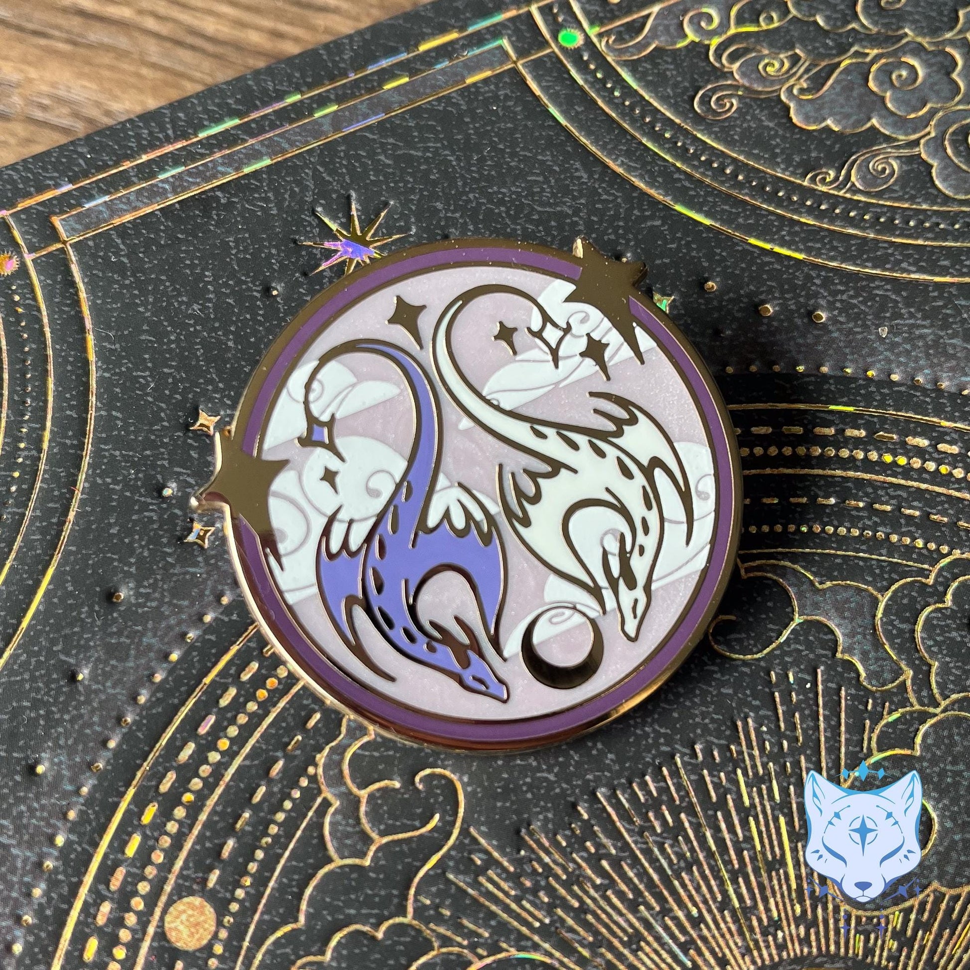 Purple & White Dragon Medallion Enamel Pin - 45mm Gold Finish