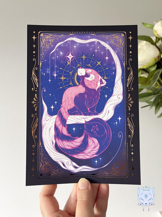 Red Panda Gazing - A5 Rose Gold Foil Celestial Red Panda Print