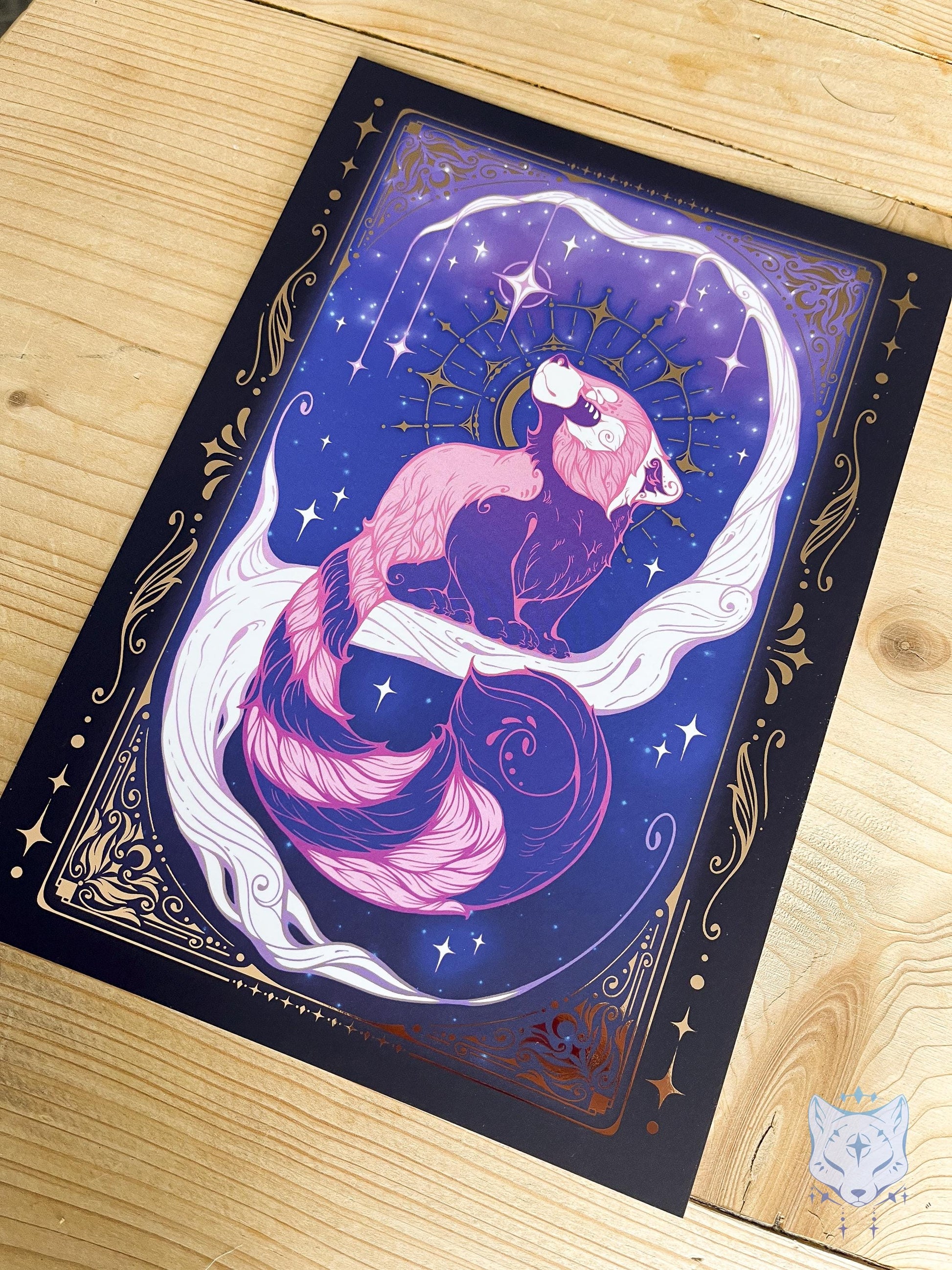 Red Panda Gazing - A5 Rose Gold Foil Celestial Red Panda Print