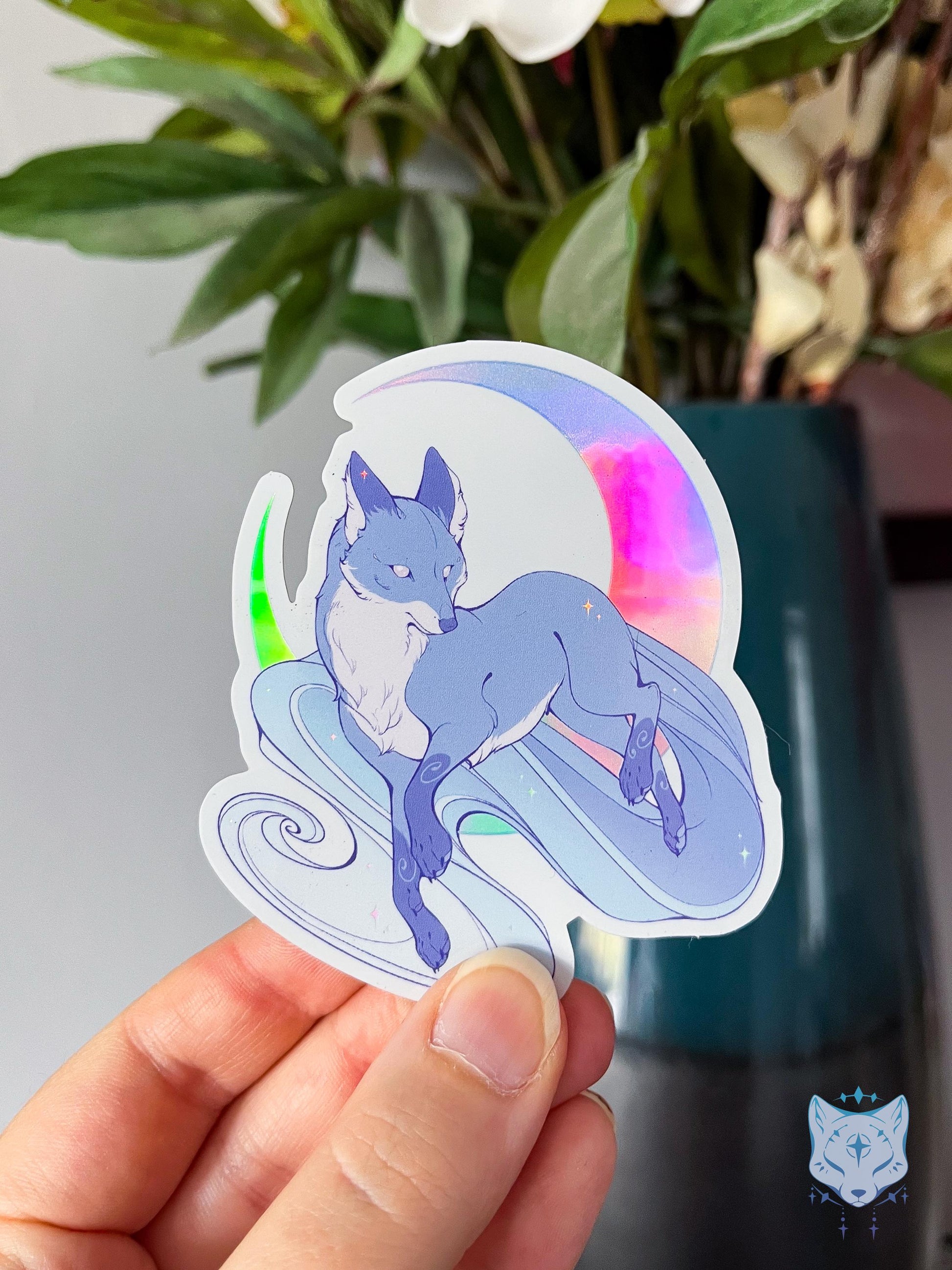 Blue Moonlit Fox | Holographic Sticker 8cm tall