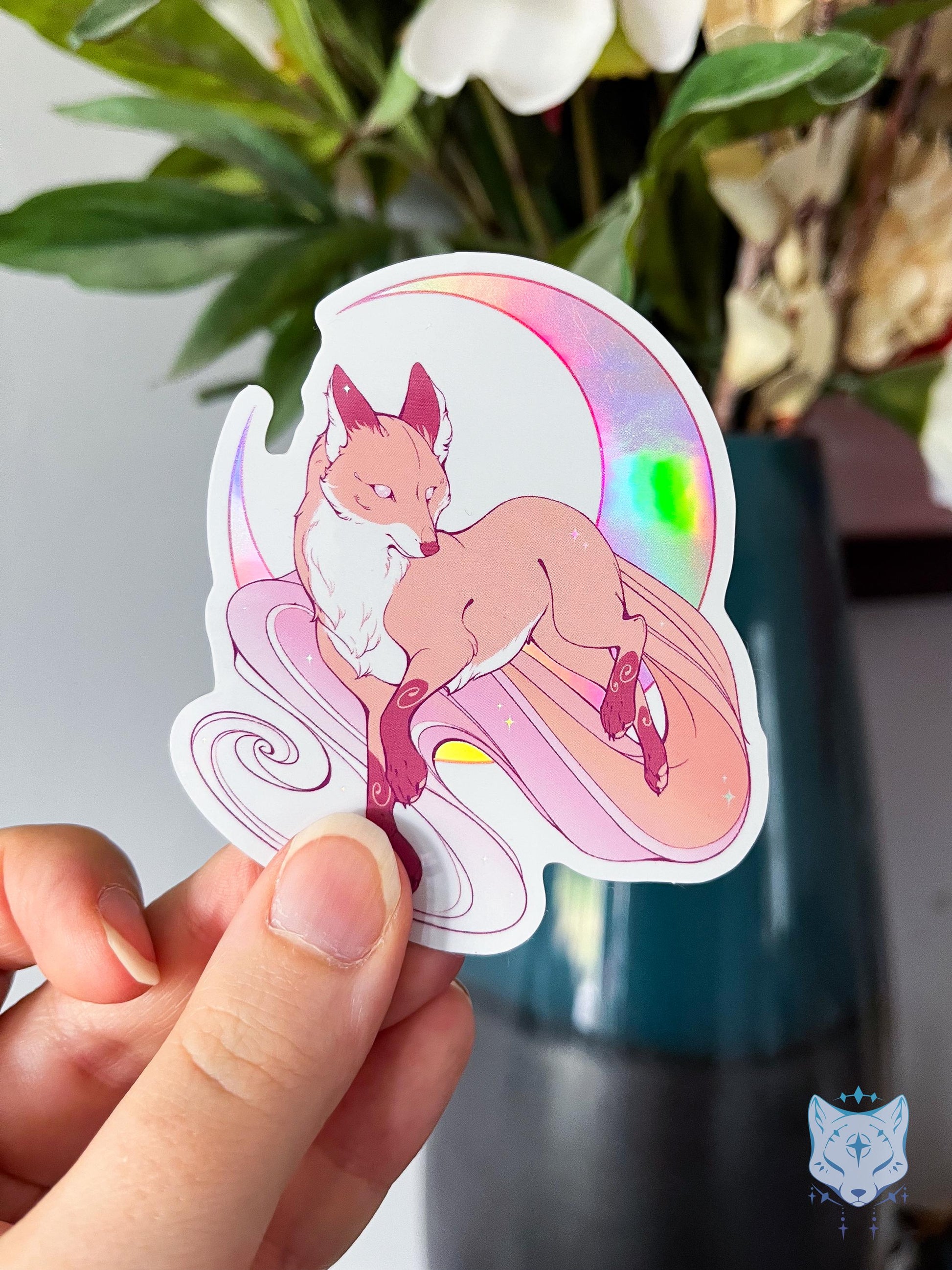 Peach Moonlit Fox | Holographic Sticker 8cm tall