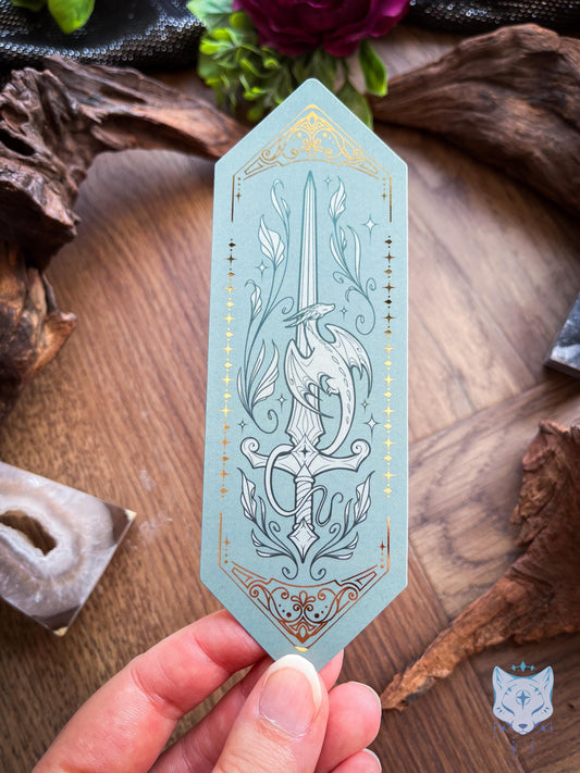 Green Sword Dragon | Gold Foiled Paper Bookmark
