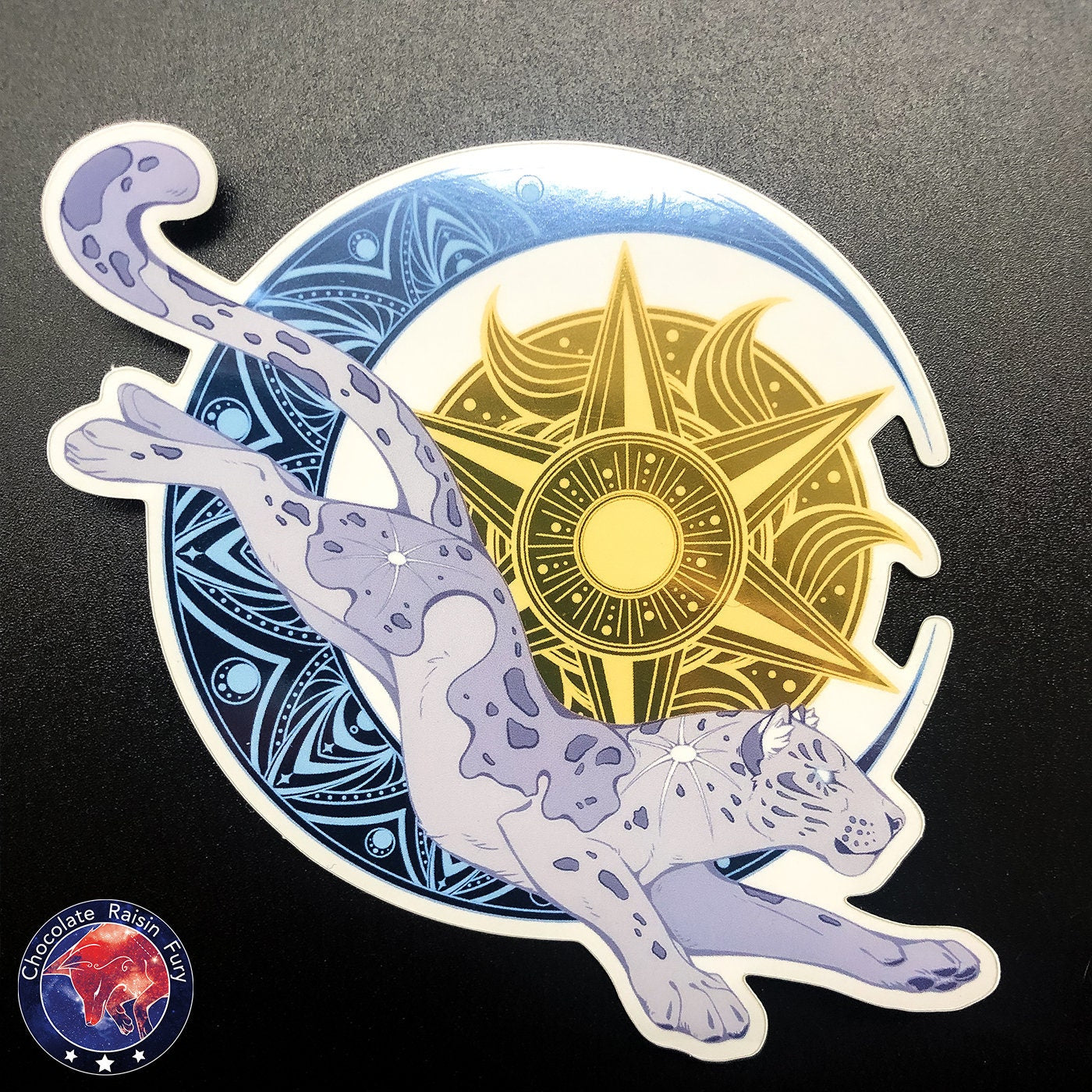 Moon Cat Planet - Large 10cm Metallic sticker, tiger sticker, animal sticker, Moon leopard, leopard sticker, cat laptop sticker