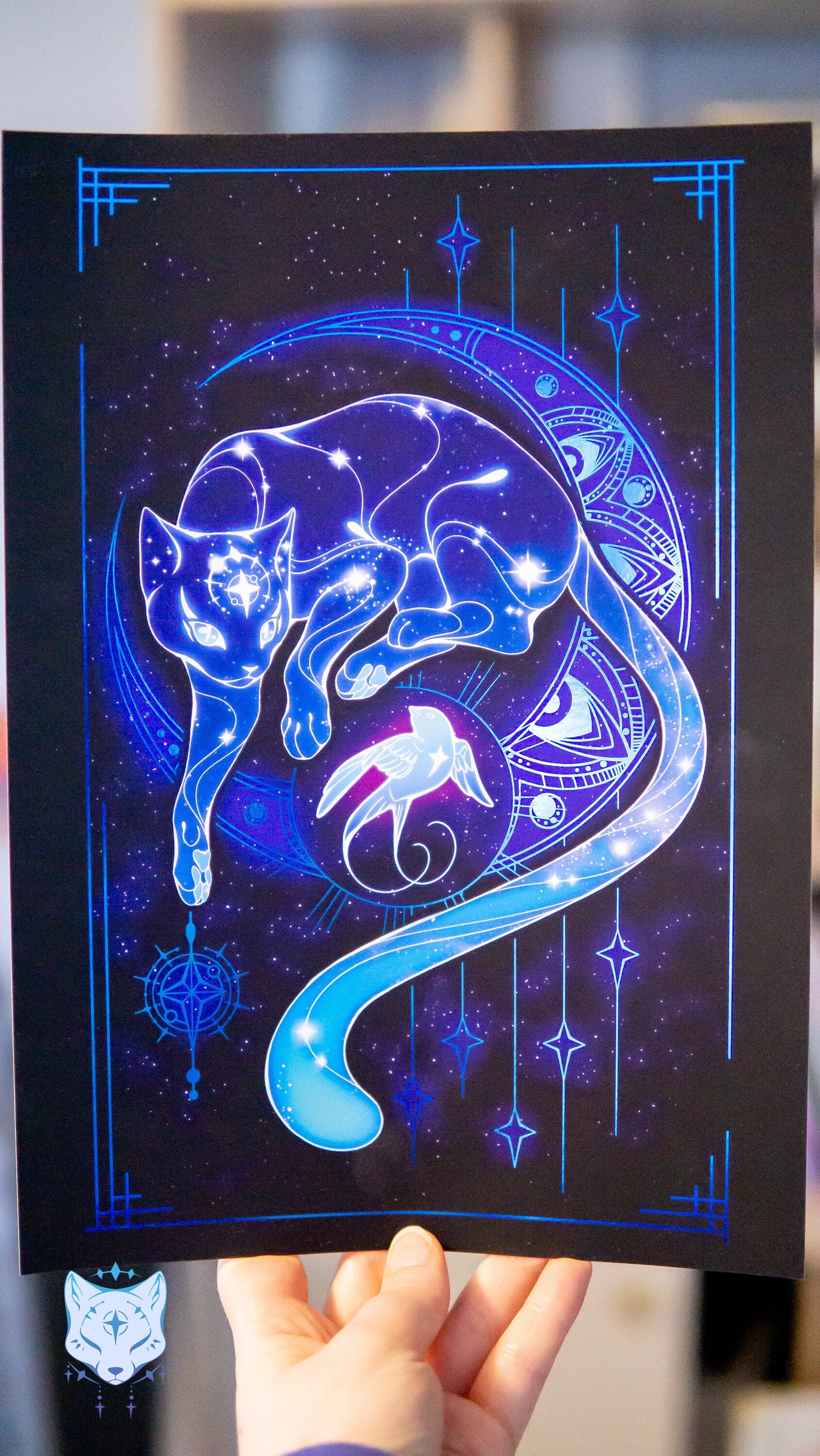 North Star Cat and the Stowaway Star - A4 Blue Foil Print (BLUE. Purple version also available)